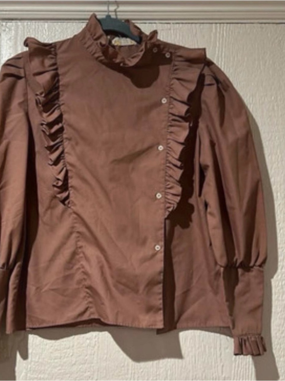 Ruffled Brown Women's Button-Front Blouse